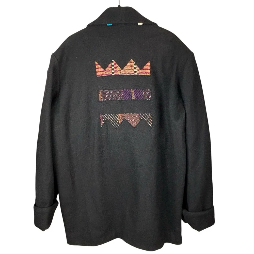 Vtg DEBORAH CROSS‎ Textile Artist Embroidered Patchwork Wool Coat Black One Size